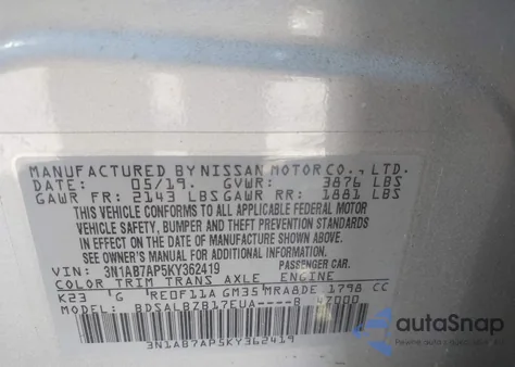 2019 Nissan Sentra S z USA, uszkodzony, nr VIN 3N1AB7AP5KY362419